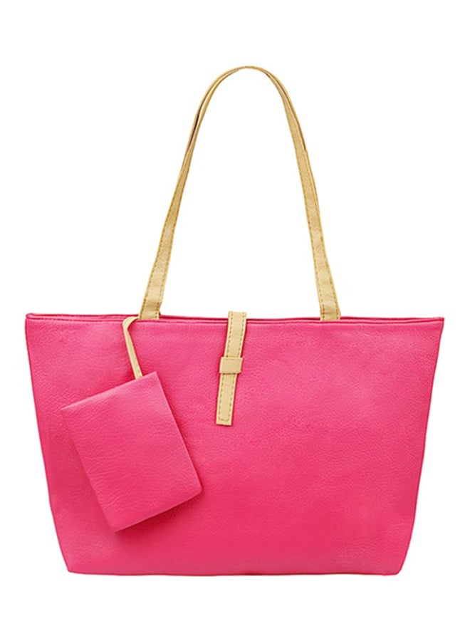 حقيبة تسوّق بتفاصيل خياطة/ حقيبة يد واسعة مع حقيبة صغيرة وردي