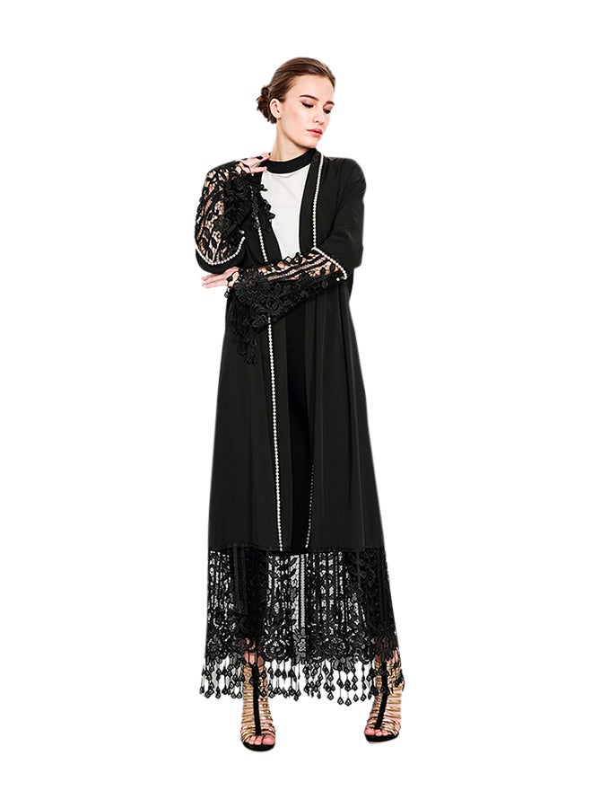 Lace Patched Solid Beading Tassels Decor Stylish Abaya Black - Image 1