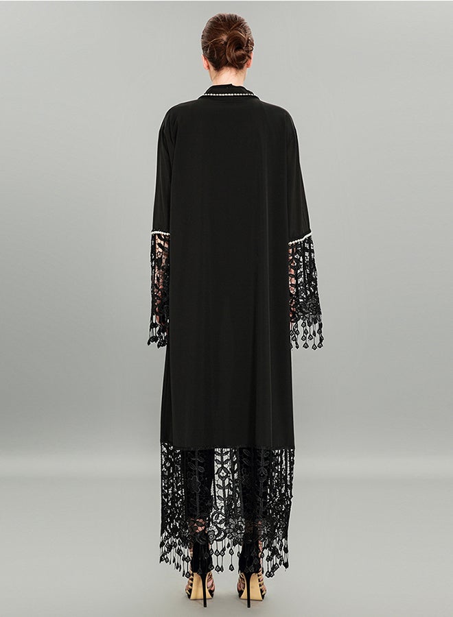 Lace Patched Solid Beading Tassels Decor Stylish Abaya Black - Image 2