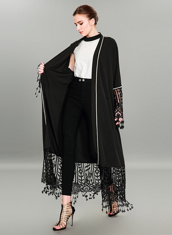 Lace Patched Solid Beading Tassels Decor Stylish Abaya Black - Image 3