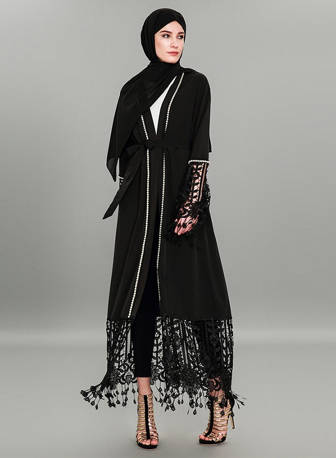 Lace Patched Solid Beading Tassels Decor Stylish Abaya Black - Image 4