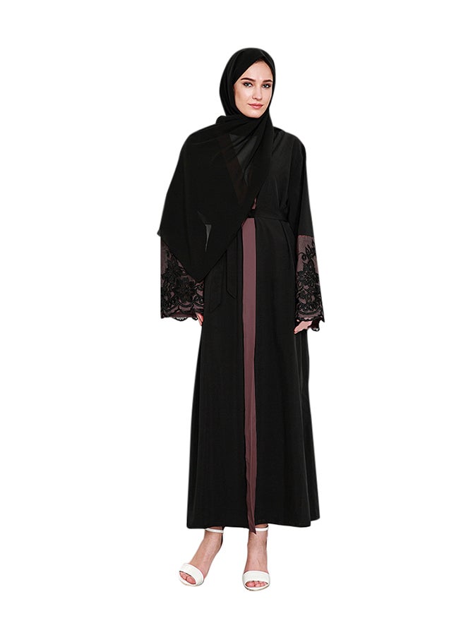Lace Patched Fashionable Loose Abaya Black/Purple - Image 1