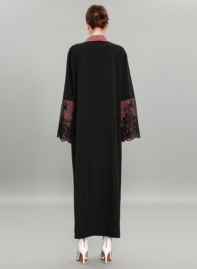 Lace Patched Fashionable Loose Abaya Black/Purple - Image 2