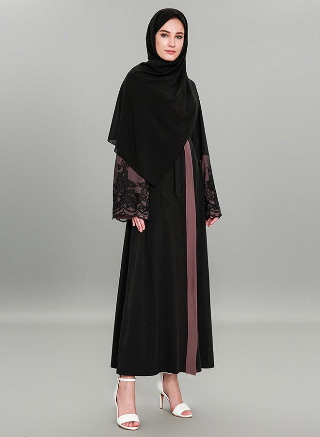 Lace Patched Fashionable Loose Abaya Black/Purple - Image 3