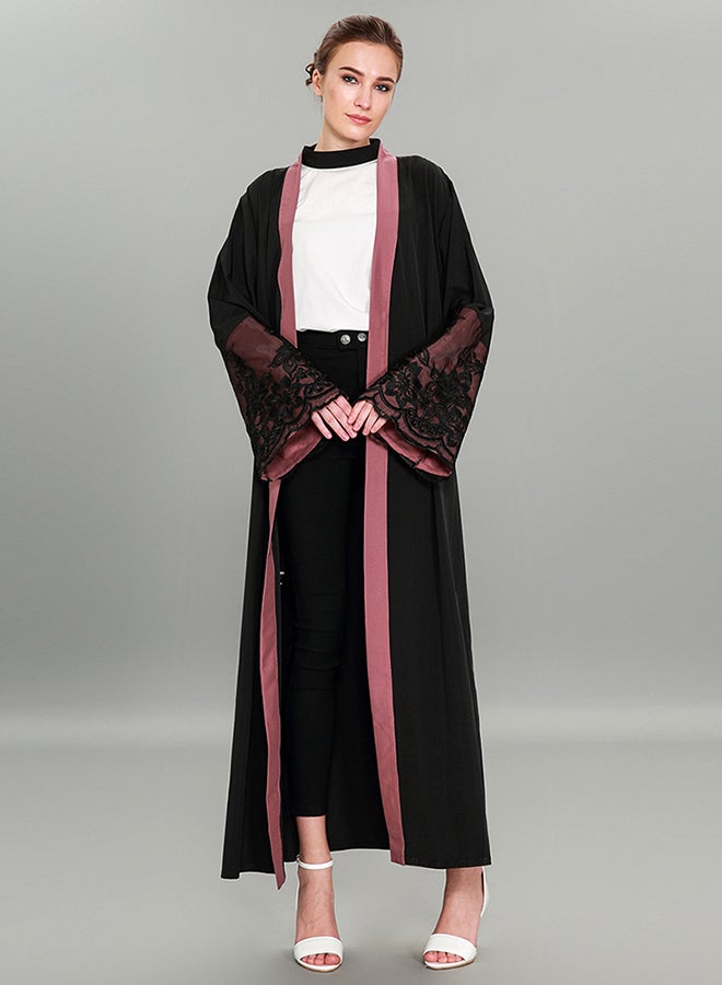 Lace Patched Fashionable Loose Abaya Black/Purple - Image 4