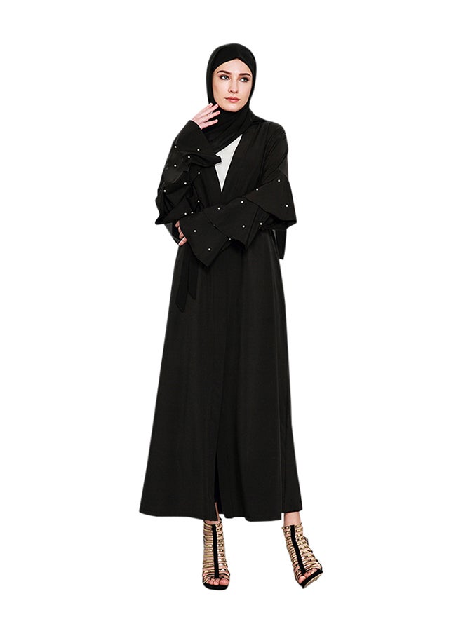 عباية طويلة سادة مزخرفة بالخرز وبقَصة ضيقة من أعلى وواسعة من أسفل أسود - Image 1