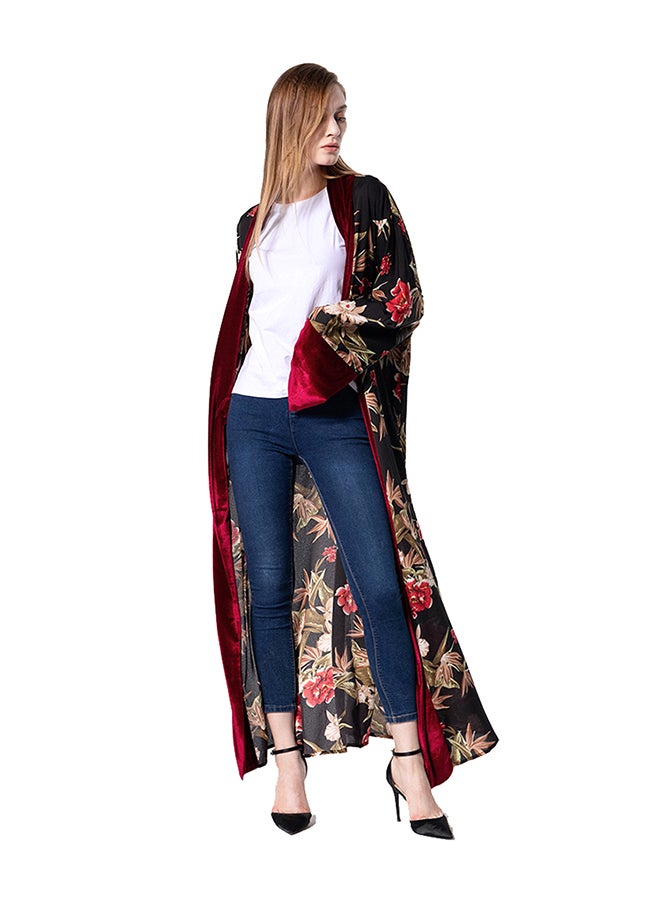 عباية طويلة بأكمام طويلة ومزينة بطبعة زهور أسود/ عنابي/ بني - Image 4