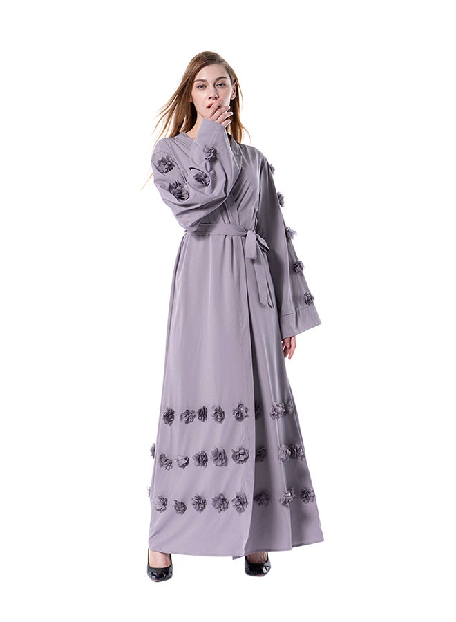 Floral Sash Solid Bell Sleeve Abaya Grey - Image 1