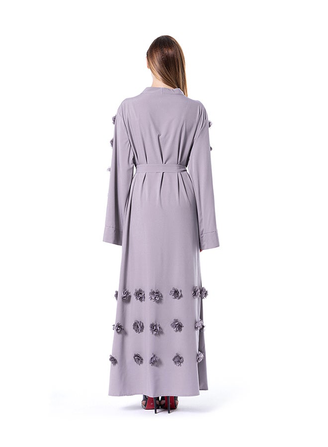 Floral Sash Solid Bell Sleeve Abaya Grey - Image 2