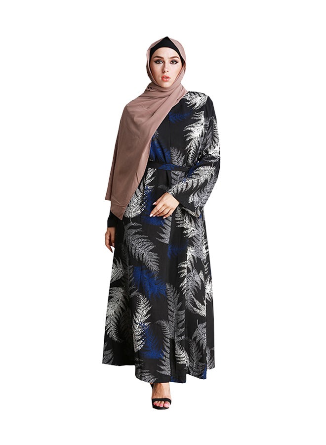 Leaf Pattern Long Sleeve Kaftan Black/White/Blue  - Image 1