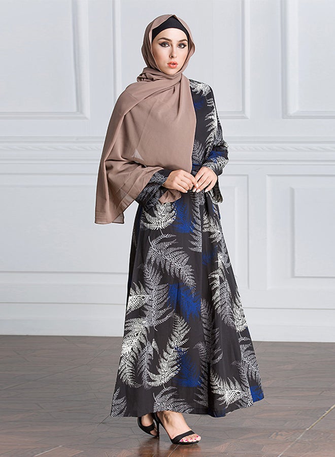 Leaf Pattern Long Sleeve Kaftan Black/White/Blue  - Image 3