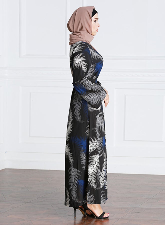 Leaf Pattern Long Sleeve Kaftan Black/White/Blue  - Image 4