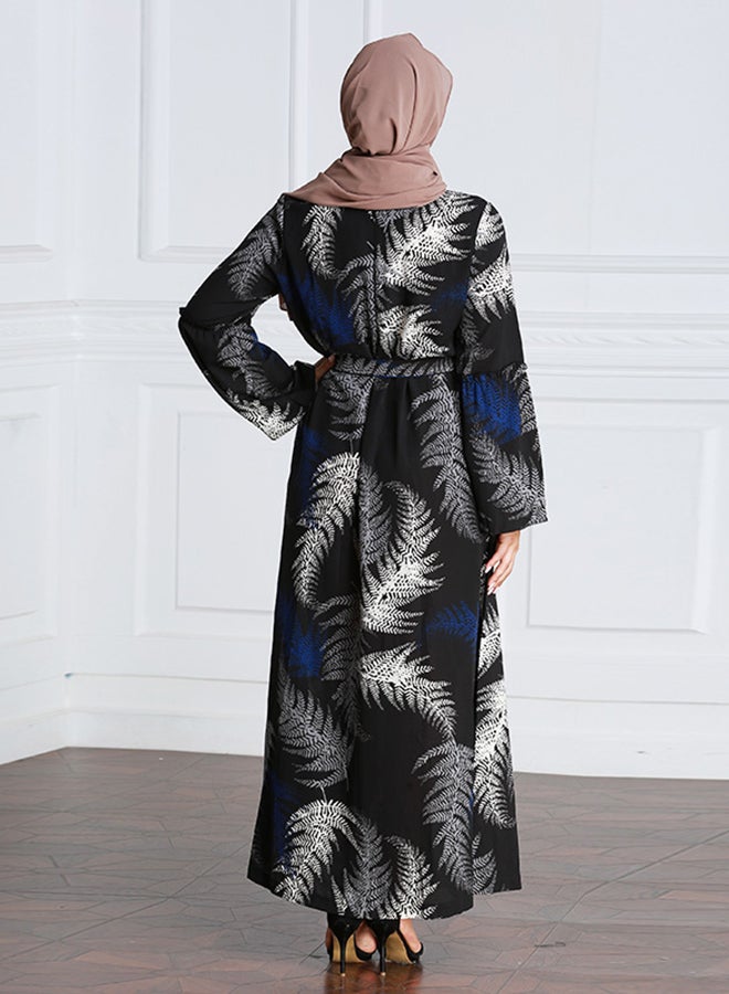 Leaf Pattern Long Sleeve Kaftan Black/White/Blue  - Image 2