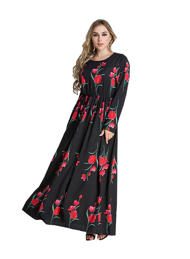 ماركة غير محددة فستان طويل بأكمام طويلة ومزين بنمط بنقشة الزهور أسود / أحمر/ أخضر  - Image 1