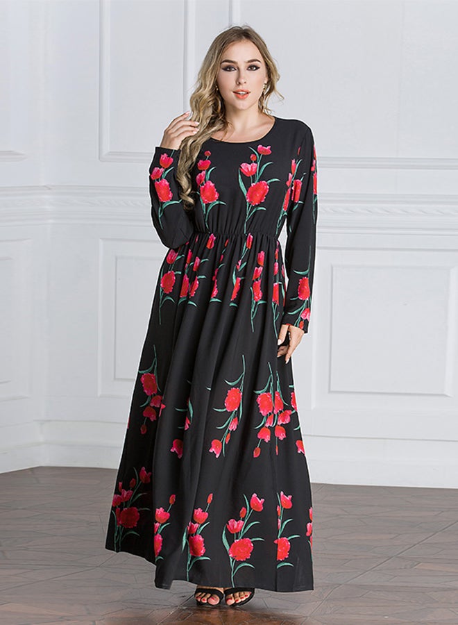 ماركة غير محددة فستان طويل بأكمام طويلة ومزين بنمط بنقشة الزهور أسود / أحمر/ أخضر  - Image 3