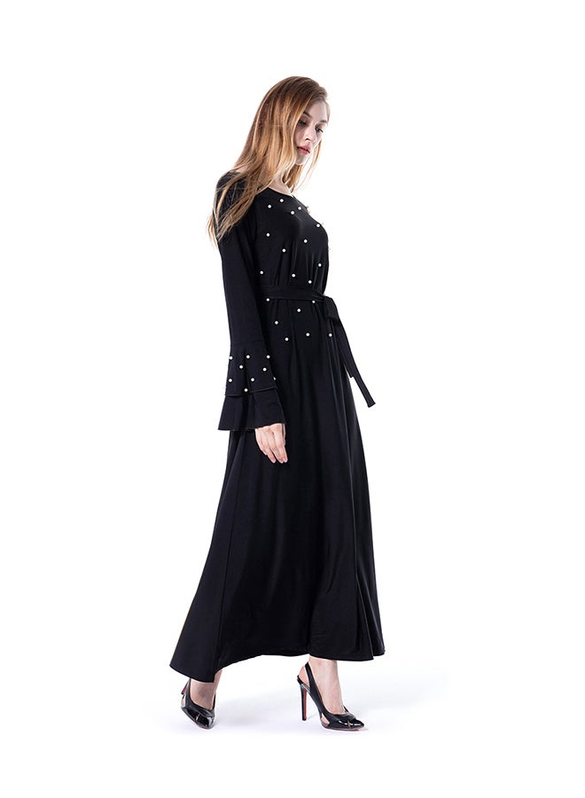 فستان طويل مطرز وأكمام ضيقة من أعلى وواسعة من أسفل ورقبة دائرية أسود - Image 3