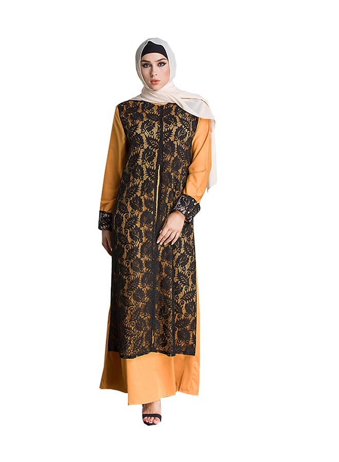 Generic Patchwork Round Neck Kaftan Mustard/Black  - Image 1