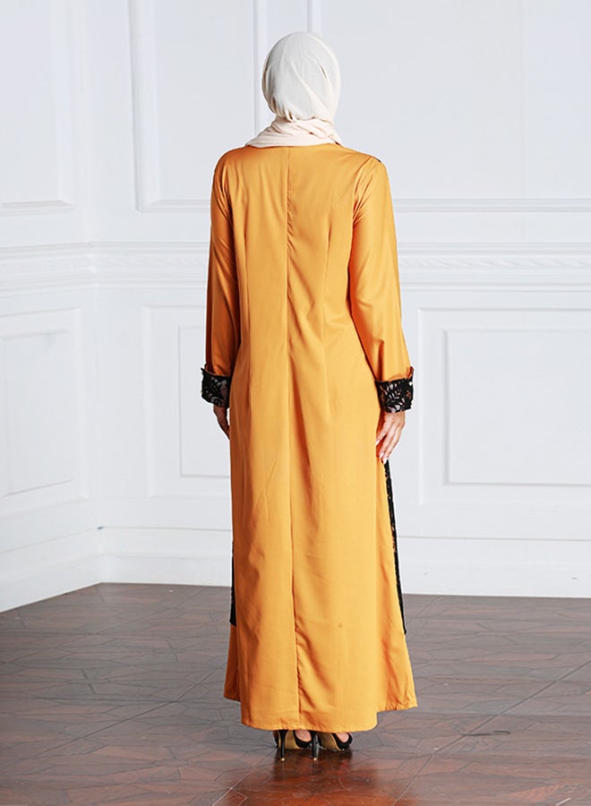 Generic Patchwork Round Neck Kaftan Mustard/Black  - Image 2