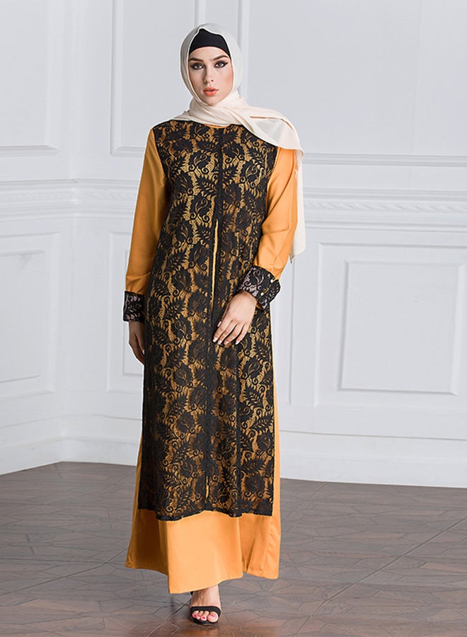 Generic Patchwork Round Neck Kaftan Mustard/Black  - Image 3