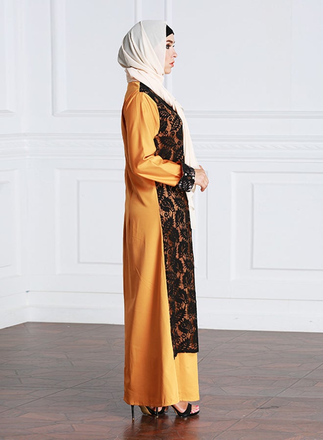 Generic Patchwork Round Neck Kaftan Mustard/Black  - Image 4