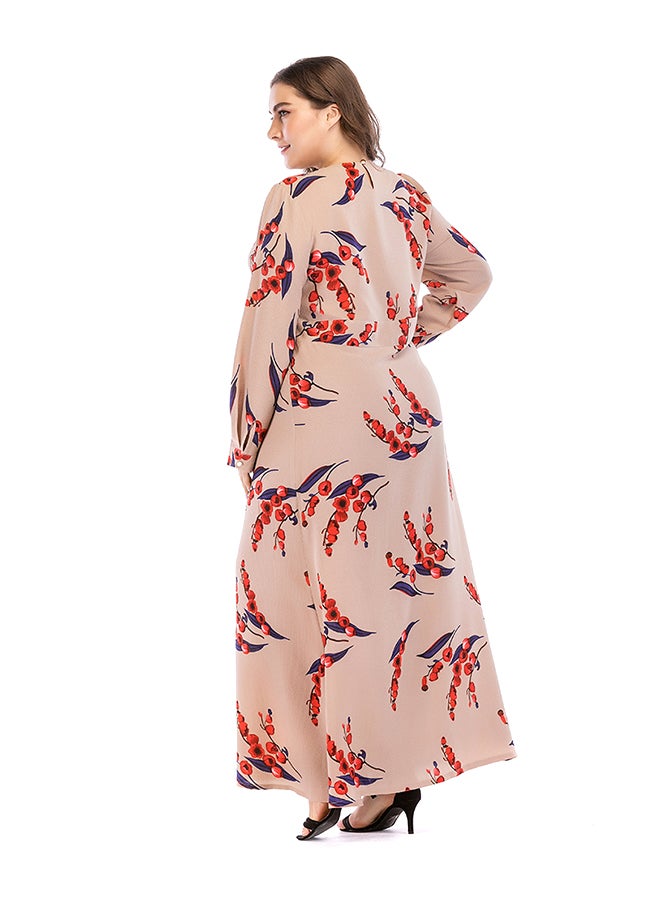 Plus Size Long Sleeve Floral Pattern Maxi Dress Beige/Red/Navy  - Image 2