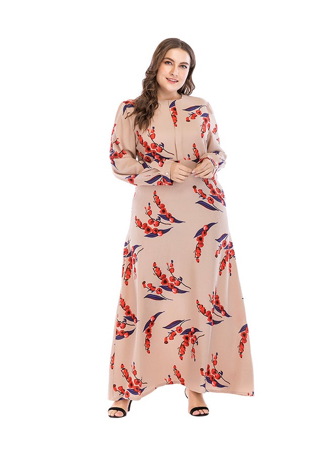 Plus Size Long Sleeve Floral Pattern Maxi Dress Beige/Red/Navy  - Image 1