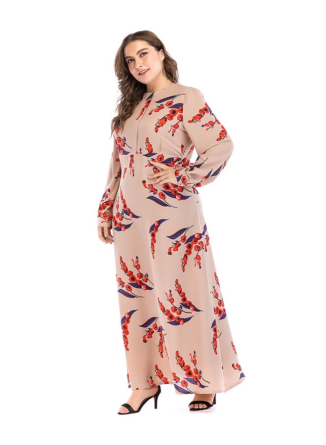 Plus Size Long Sleeve Floral Pattern Maxi Dress Beige/Red/Navy  - Image 3