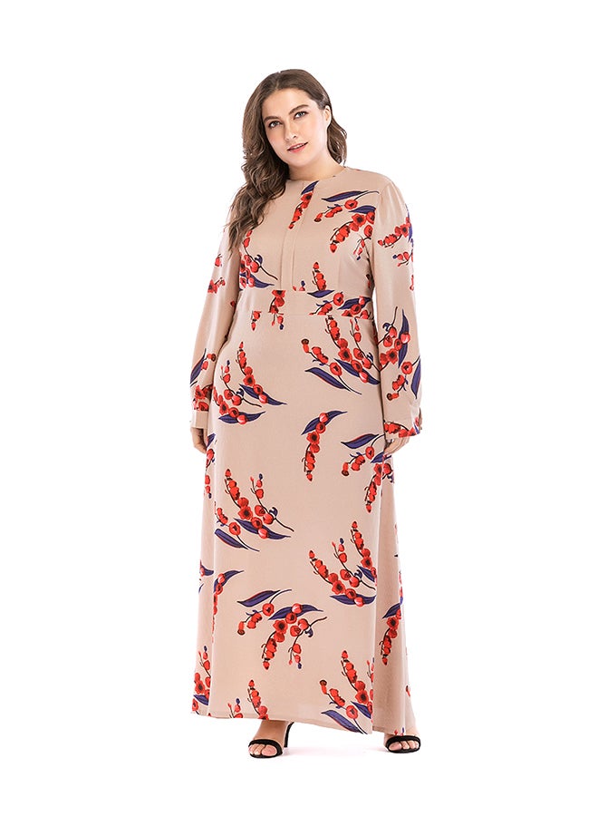 Plus Size Long Sleeve Floral Pattern Maxi Dress Beige/Red/Navy  - Image 4