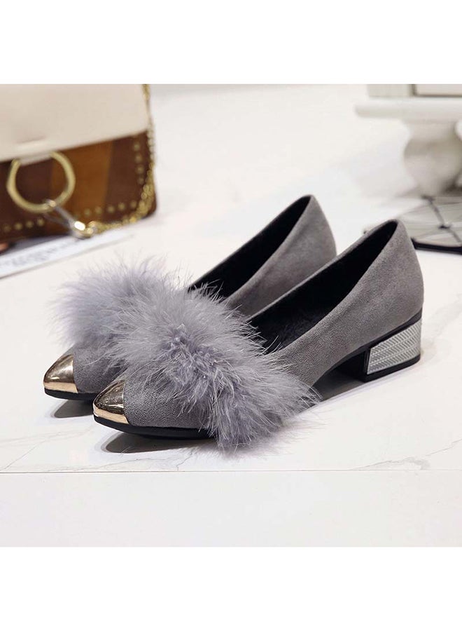 SIKAINI Fur Design Block Heel Ballerinas Grey/Gold  - Image 3