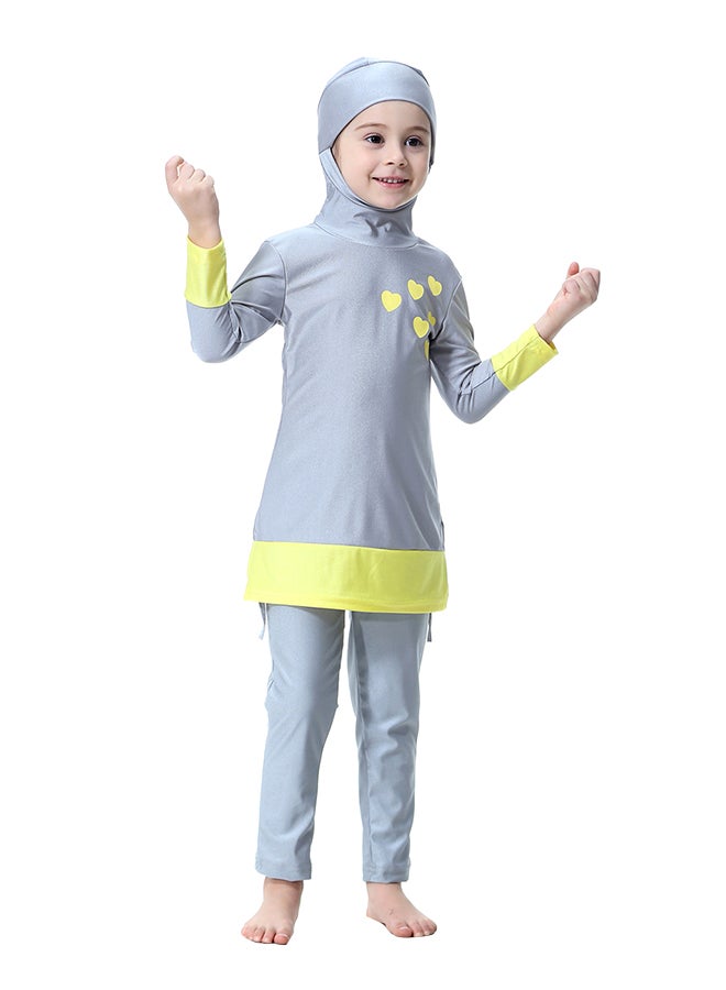 لباس سباحة منفصل برقبة وغطاء للرأس رمادي / أصفر - Image 1