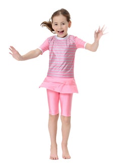 Generic 2-Piece Short Sleeves Split Swimsuit Pink/Grey  - Image 1