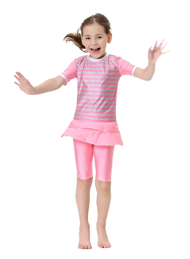 Generic 2-Piece Short Sleeves Split Swimsuit Pink/Grey  - Image 1