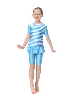 Generic 2-Piece Short Sleeves Split Swimsuit Sky Blue/White  - Image 1