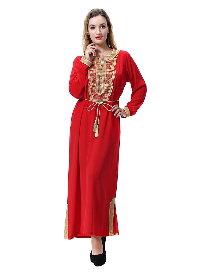 Long Sleeves Robe Maxi Dress Red/Gold - Image 1