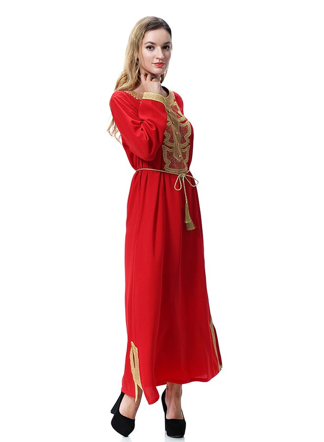 Long Sleeves Robe Maxi Dress Red/Gold - Image 3