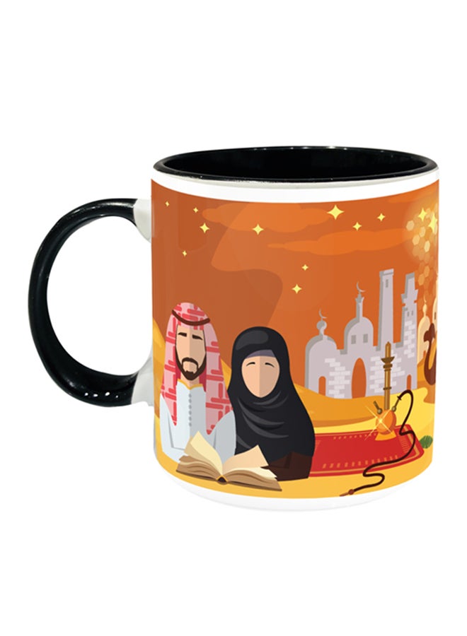 مج قهوة رائع مزين بنقوش مطبوعة معبرة عن الثقافة العربية أسود / برتقالي / أبيض