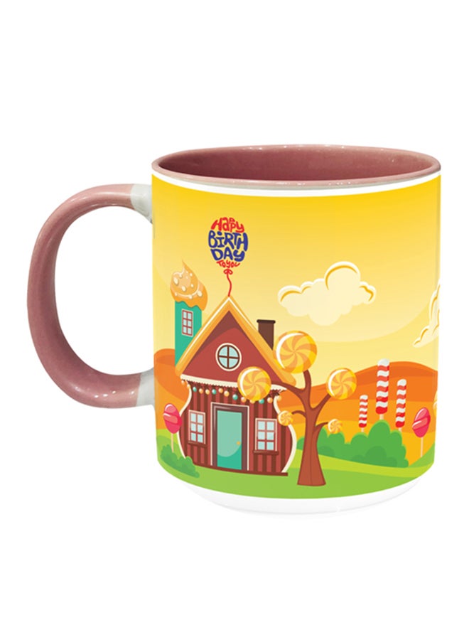 إمبريس مج قهوة مطبوع عليه منزل كرتوني وعبارة "Happy Birthday" البينك/ الأصفر/ البني