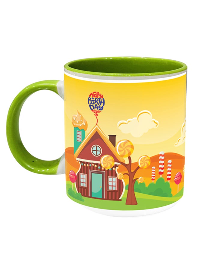 إمبريس مج قهوة مطبوع عليه منزل كرتوني وعبارة "Happy Birthday" أخضر/ أصفر/ بني