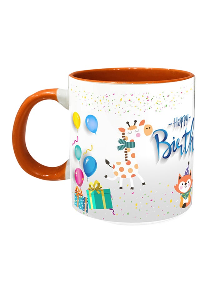 مج قهوة مطبوع بعبارة "Happy Birthday" برتقالي/ أبيض/ أزرق