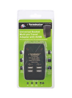 Terminator Universal Socket Multi Pin Travel Adapter With 4USB Charging Sockets 5V3.2A Black  - Image 1