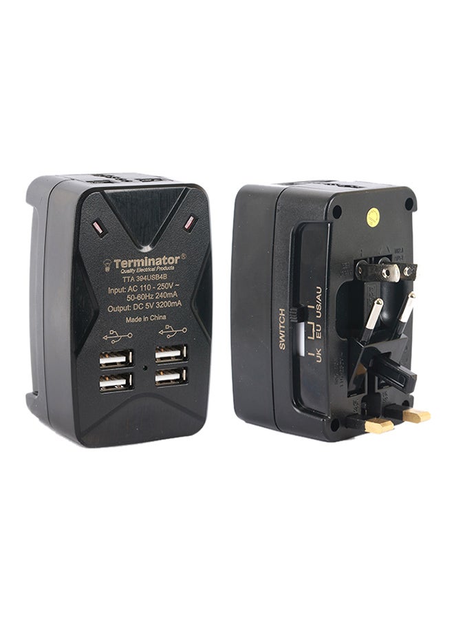 Terminator - Universal Socket Multi Pin Travel Adapter With 4USB Charging Sockets 5V3.2A Black - Image 1