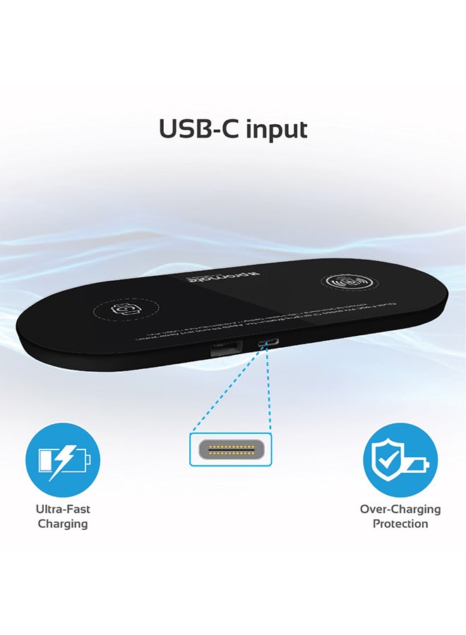 PROMATE - Qi Wireless Charger Pad, 10W Ultra-Slim Dual Qi Charging station with Anti-Slip Surface, USB Type-C Input, Over Charging Protection and USB Charging Port for Apple Watch and Qi-Enabled Smartphones, AuraBase-2 Black Black - Image 1