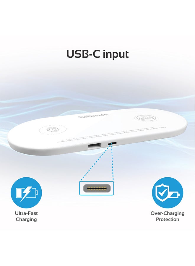PROMATE - Qi Wireless Charger Pad, 10W Ultra-Slim Dual Qi Charging station with Anti-Slip Surface, USB Type-C Input, Over Charging Protection and USB Charging Port for Apple Watch and Qi-Enabled Smartphones, AuraBase-2 White White - Image 1