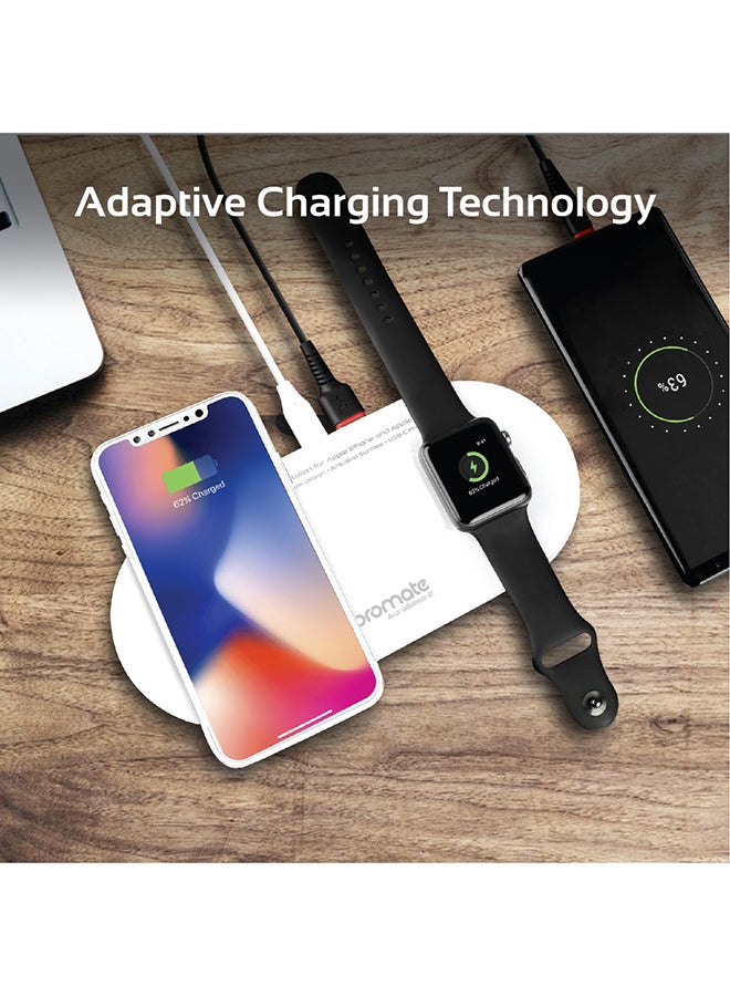PROMATE - Qi Wireless Charger Pad, 10W Ultra-Slim Dual Qi Charging station with Anti-Slip Surface, USB Type-C Input, Over Charging Protection and USB Charging Port for Apple Watch and Qi-Enabled Smartphones, AuraBase-2 White White - Image 1