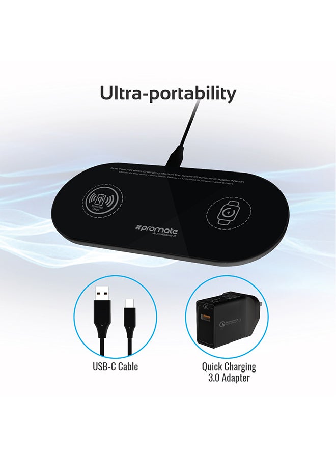 PROMATE - Qi Wireless Charger Pad, 10W Ultra-Slim Dual Qi Charging station with Anti-Slip Surface, USB Type-C Input, Over Charging Protection and USB Charging Port for Apple Watch and Qi-Enabled Smartphones, AuraBase-2 Black Black - Image 1