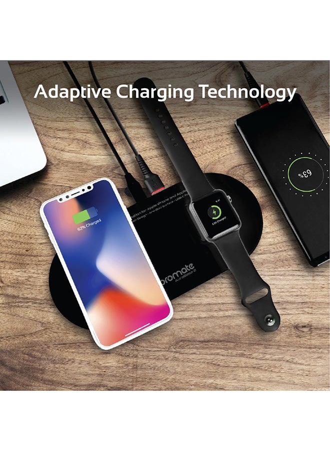 PROMATE - Qi Wireless Charger Pad, 10W Ultra-Slim Dual Qi Charging station with Anti-Slip Surface, USB Type-C Input, Over Charging Protection and USB Charging Port for Apple Watch and Qi-Enabled Smartphones, AuraBase-2 Black Black - Image 1