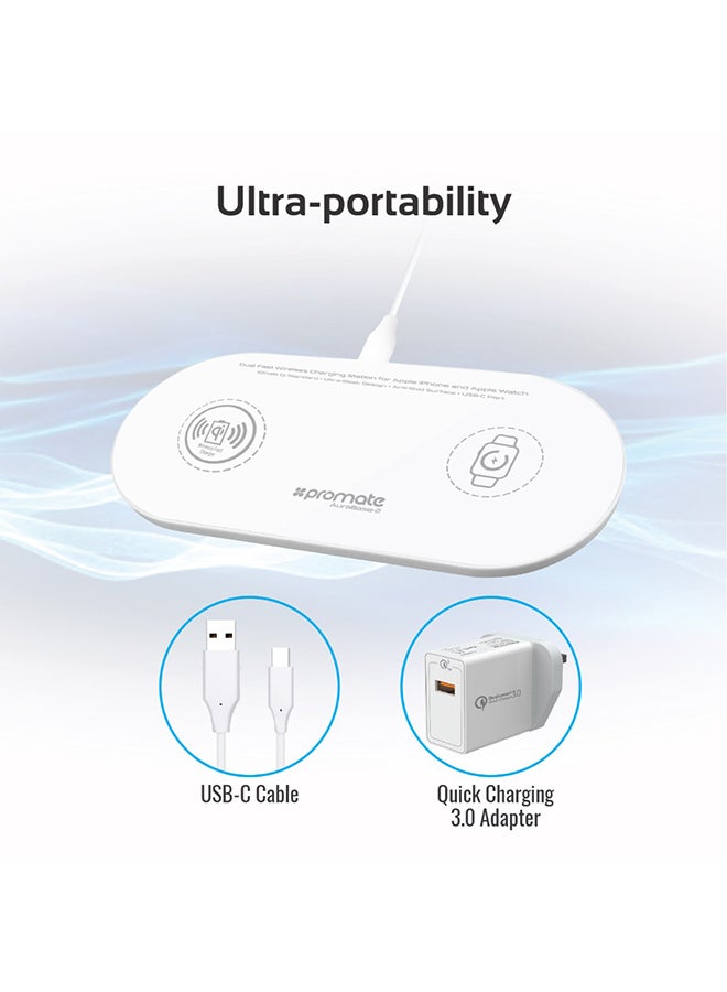 PROMATE - Qi Wireless Charger Pad, 10W Ultra-Slim Dual Qi Charging station with Anti-Slip Surface, USB Type-C Input, Over Charging Protection and USB Charging Port for Apple Watch and Qi-Enabled Smartphones, AuraBase-2 White White - Image 1