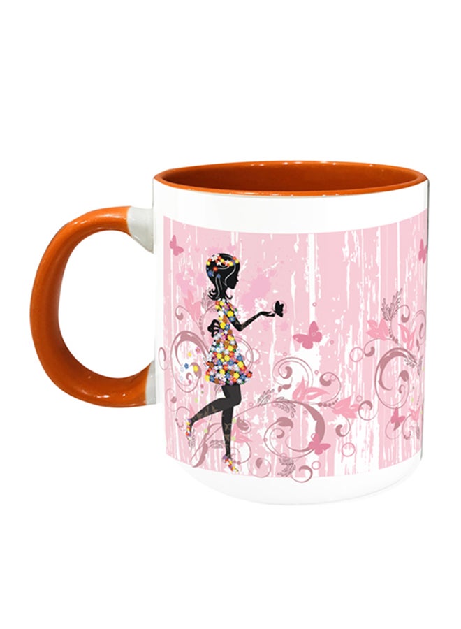 إمبريس قدح قهوة مطبوع عليه صورة فتاة مرسومه بالورد برتقالي/وردي/أبيض