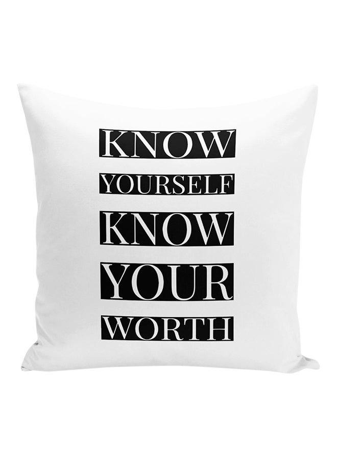 وسادة زينة مطبوع عليها عبارة "Know Yourself Know Your Worth" للشباب أبيض/ أسود 16x16بوصة - Image 1