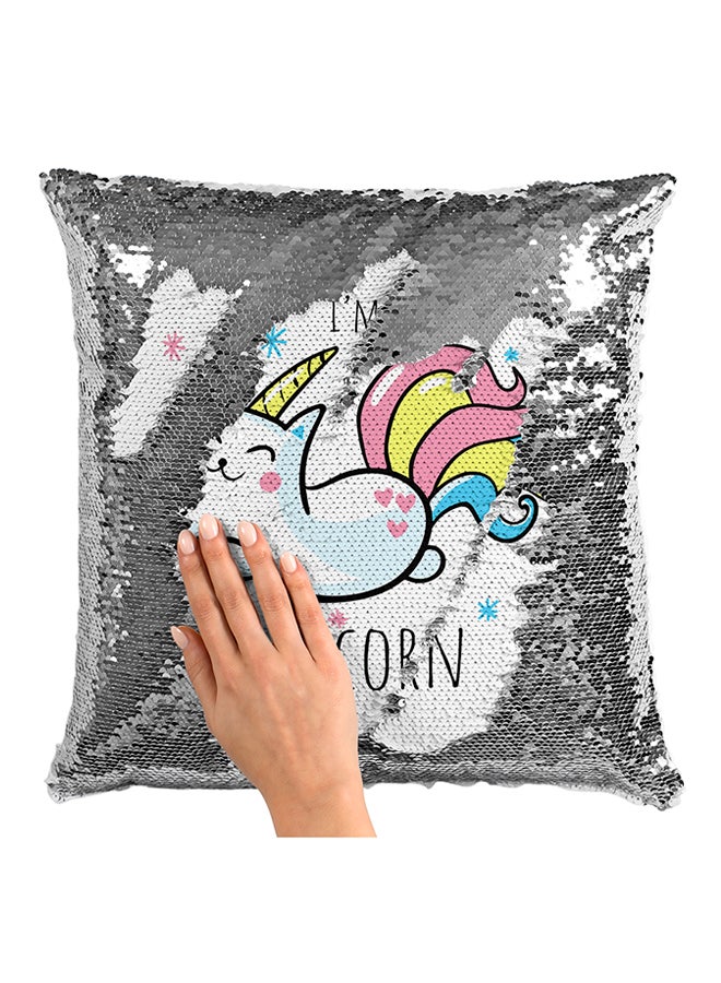 I Am A Caticorn Sequined Polyester Decorative Pillow Silver/White/Black 16x16inch - Image 3